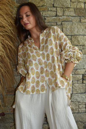 Daughter Of Ibiza Indira Balloon Sleeve Shirt Ochre & Rose 